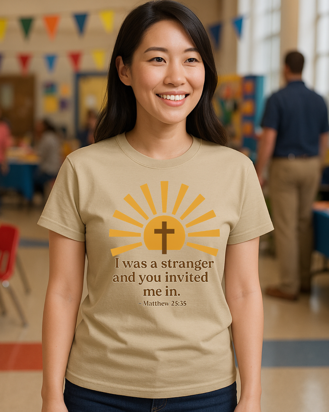 I Was a Stranger and You Invited Me In T-Shirt  Matthew 25:35 | Faith-Based Christian Tee | Fruit of the Loom 3930R | Free Shipping
