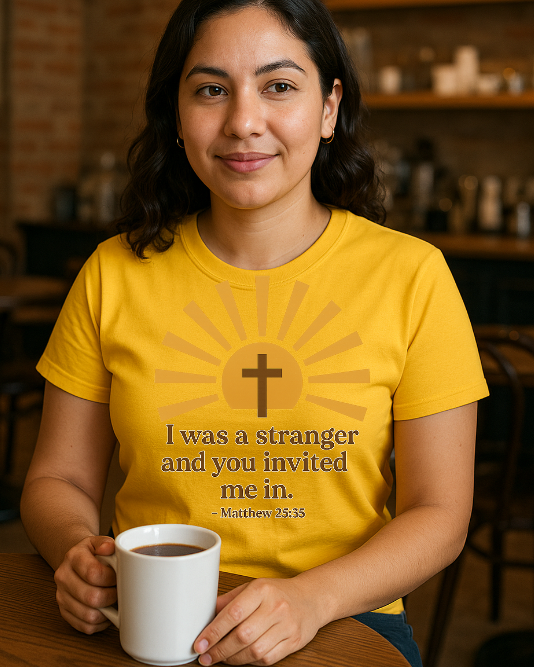 I Was a Stranger and You Invited Me In T-Shirt  Matthew 25:35 | Faith-Based Christian Tee | Fruit of the Loom 3930R | Free Shipping