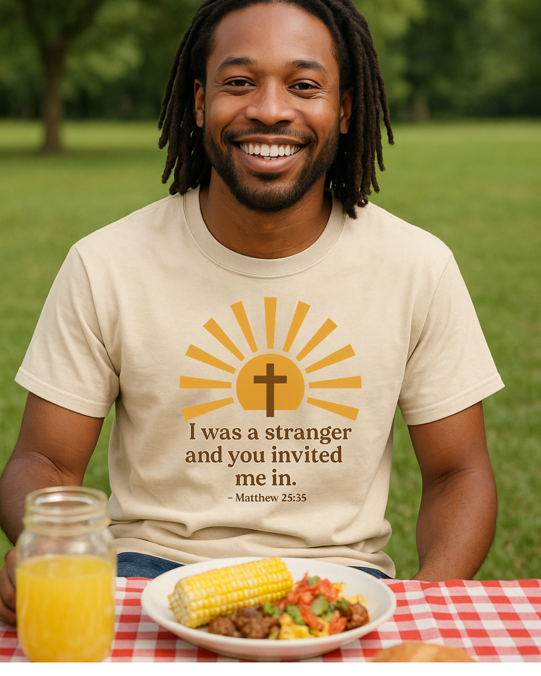 I Was a Stranger and You Invited Me In T-Shirt  Matthew 25:35 | Faith-Based Christian Tee | Fruit of the Loom 3930R | Free Shipping