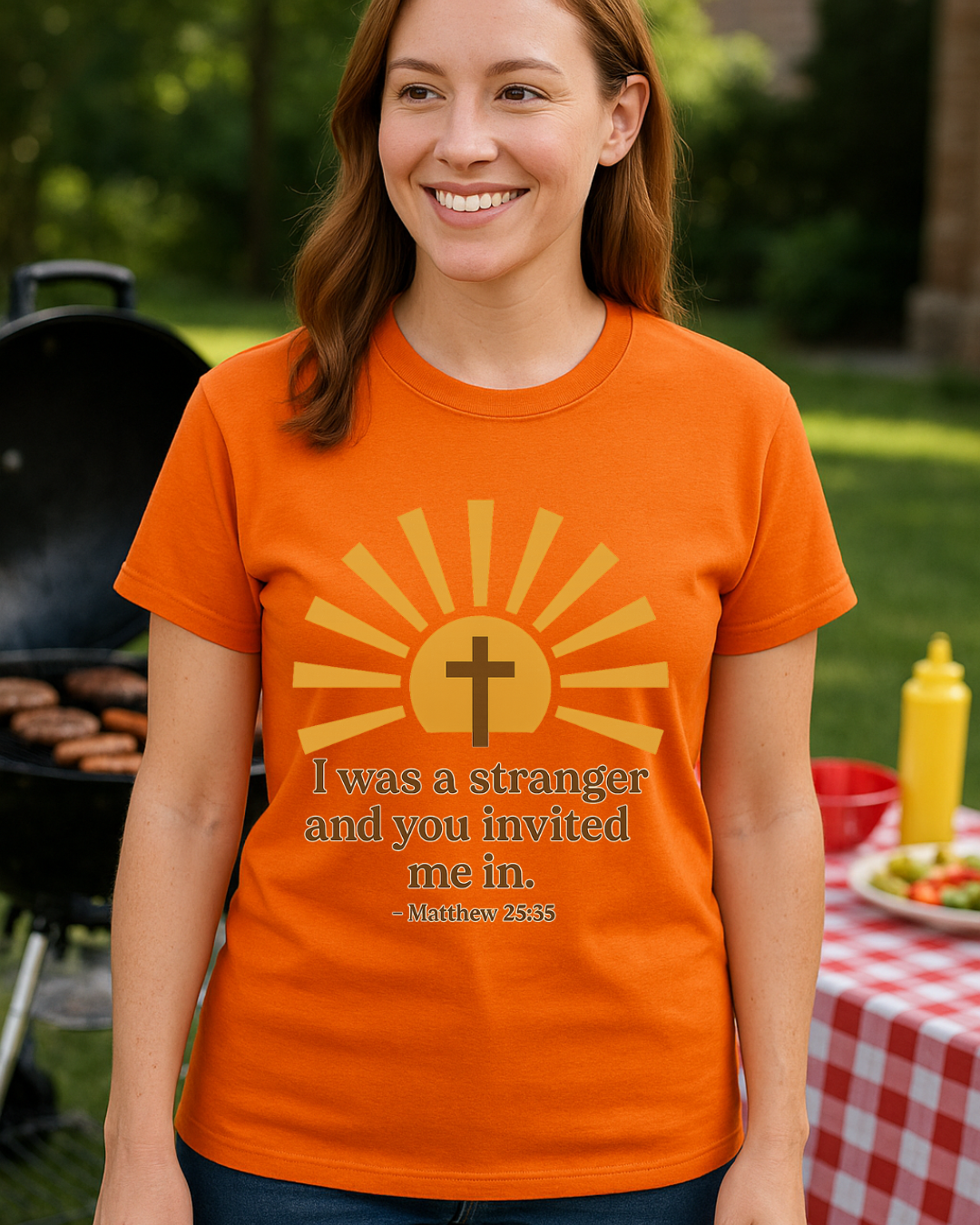 I Was a Stranger and You Invited Me In T-Shirt  Matthew 25:35 | Faith-Based Christian Tee | Fruit of the Loom 3930R | Free Shipping