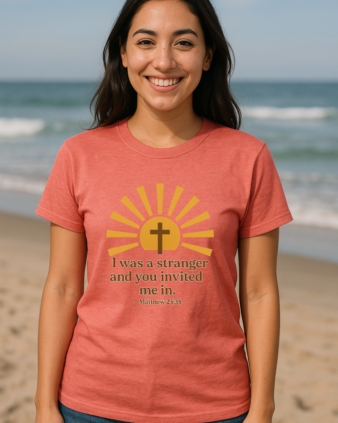 I Was a Stranger and You Invited Me In T-Shirt  Matthew 25:35 | Faith-Based Christian Tee | Fruit of the Loom 3930R | Free Shipping