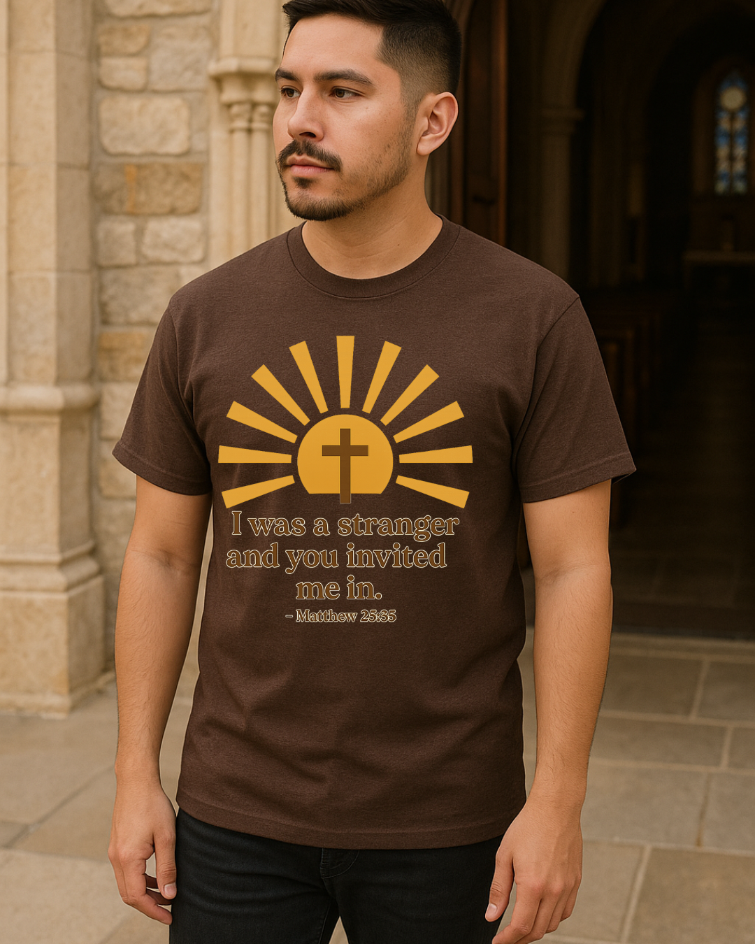 I Was a Stranger and You Invited Me In T-Shirt  Matthew 25:35 | Faith-Based Christian Tee | Fruit of the Loom 3930R | Free Shipping