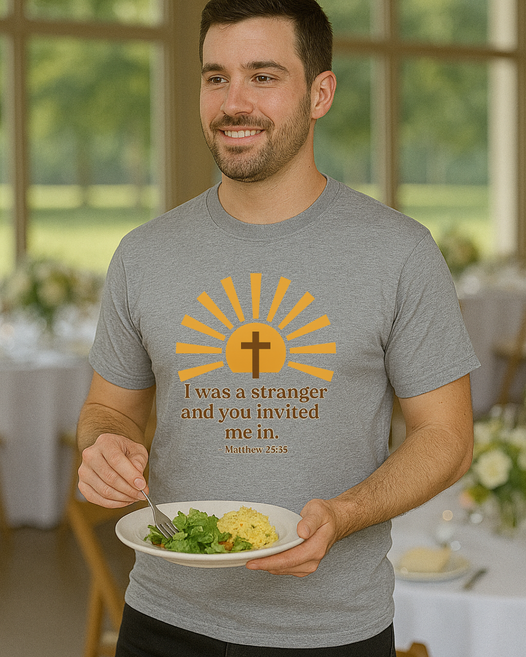I Was a Stranger and You Invited Me In T-Shirt  Matthew 25:35 | Faith-Based Christian Tee | Fruit of the Loom 3930R | Free Shipping