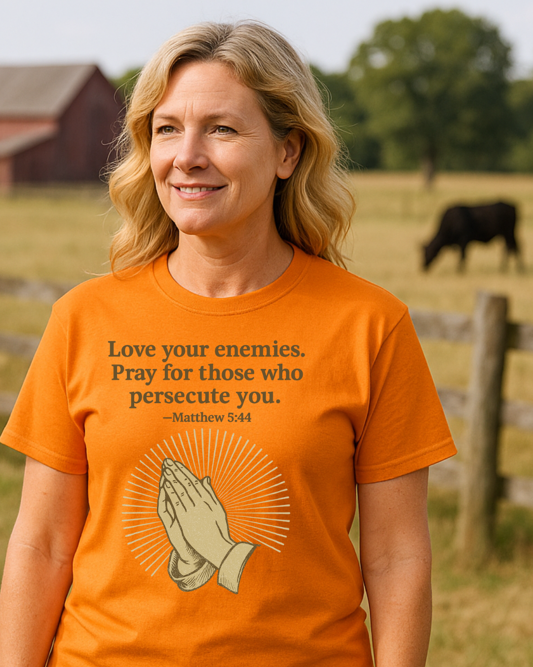 Love Your Enemies Matthew 5:44 Praying Hands Christian T-Shirt | Fruit of the Loom 3930R | 100% Cotton | Free Shipping