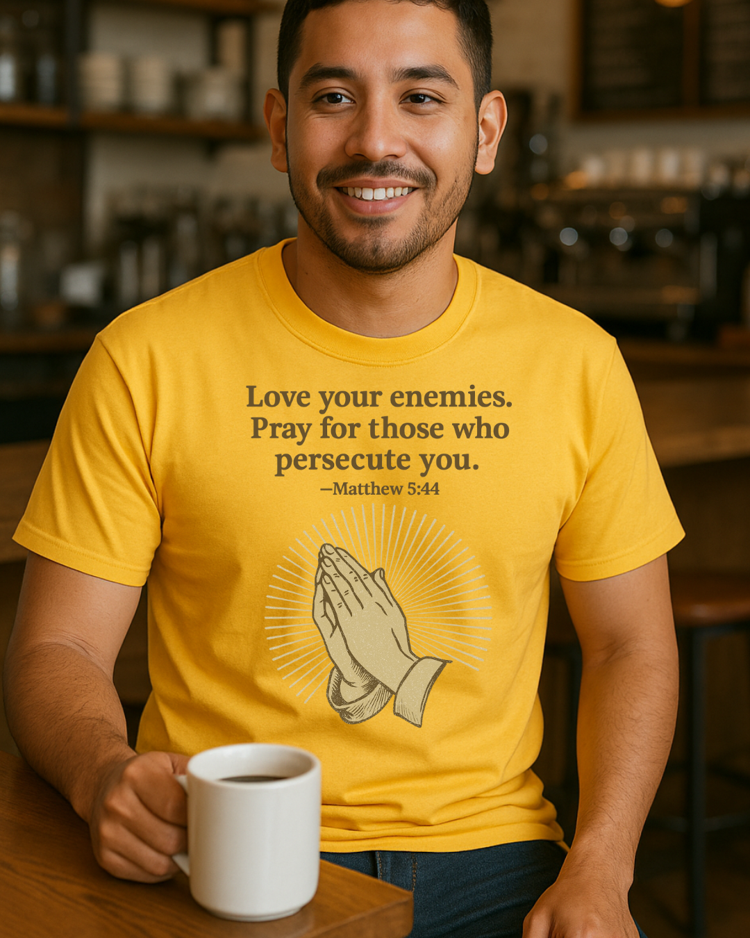 Love Your Enemies Matthew 5:44 Praying Hands Christian T-Shirt | Fruit of the Loom 3930R | 100% Cotton | Free Shipping