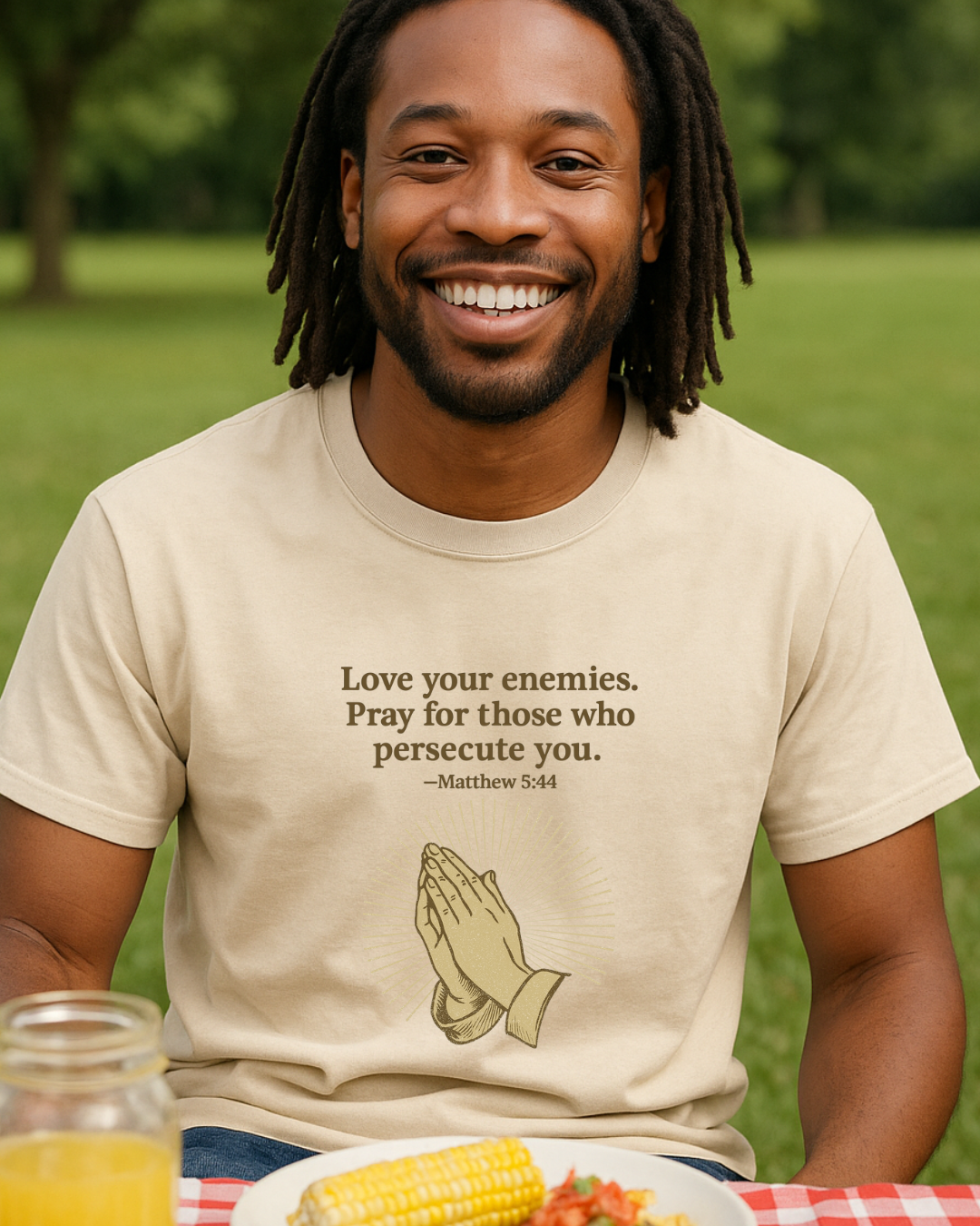 Love Your Enemies Matthew 5:44 Praying Hands Christian T-Shirt | Fruit of the Loom 3930R | 100% Cotton | Free Shipping