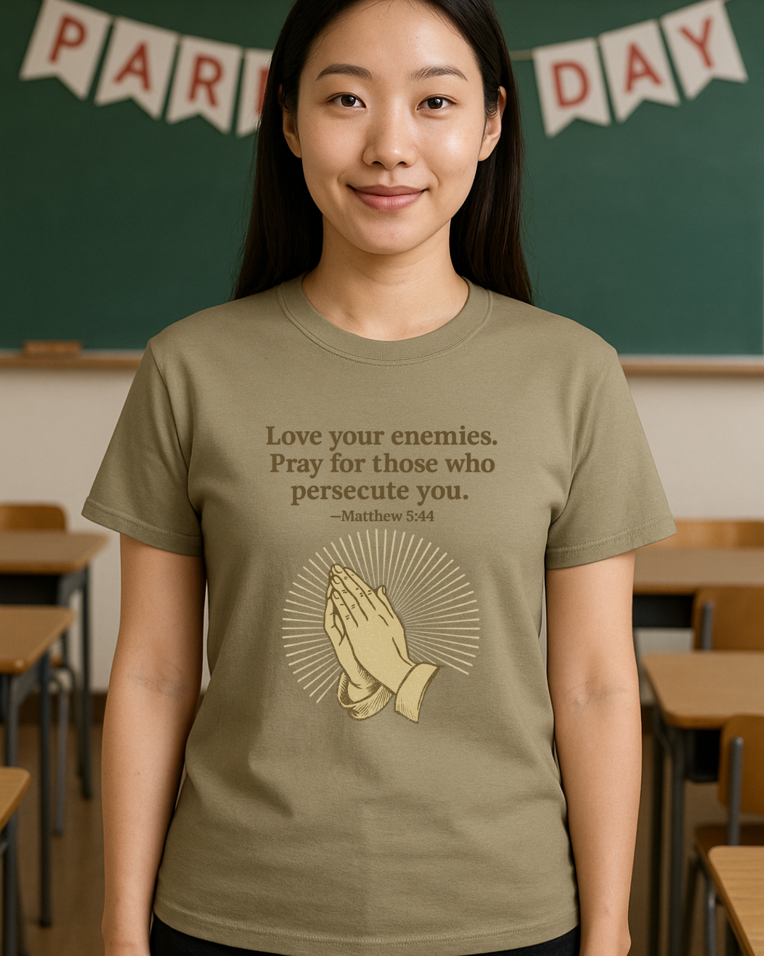 Love Your Enemies Matthew 5:44 Praying Hands Christian T-Shirt | Fruit of the Loom 3930R | 100% Cotton | Free Shipping