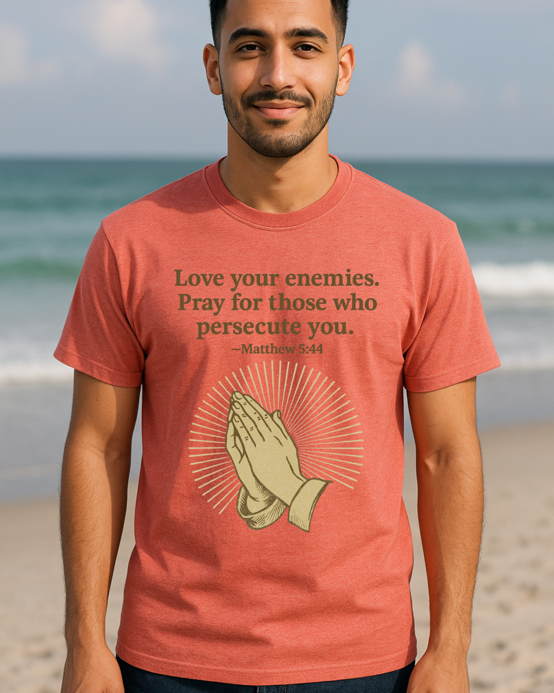 Love Your Enemies Matthew 5:44 Praying Hands Christian T-Shirt | Fruit of the Loom 3930R | 100% Cotton | Free Shipping