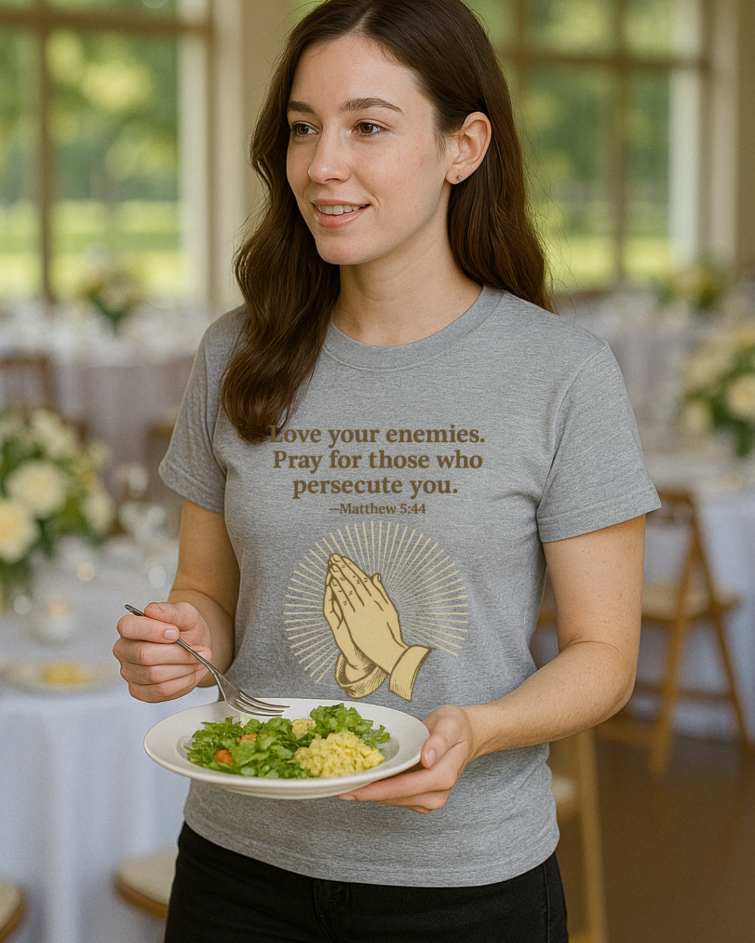 Love Your Enemies Matthew 5:44 Praying Hands Christian T-Shirt | Fruit of the Loom 3930R | 100% Cotton | Free Shipping