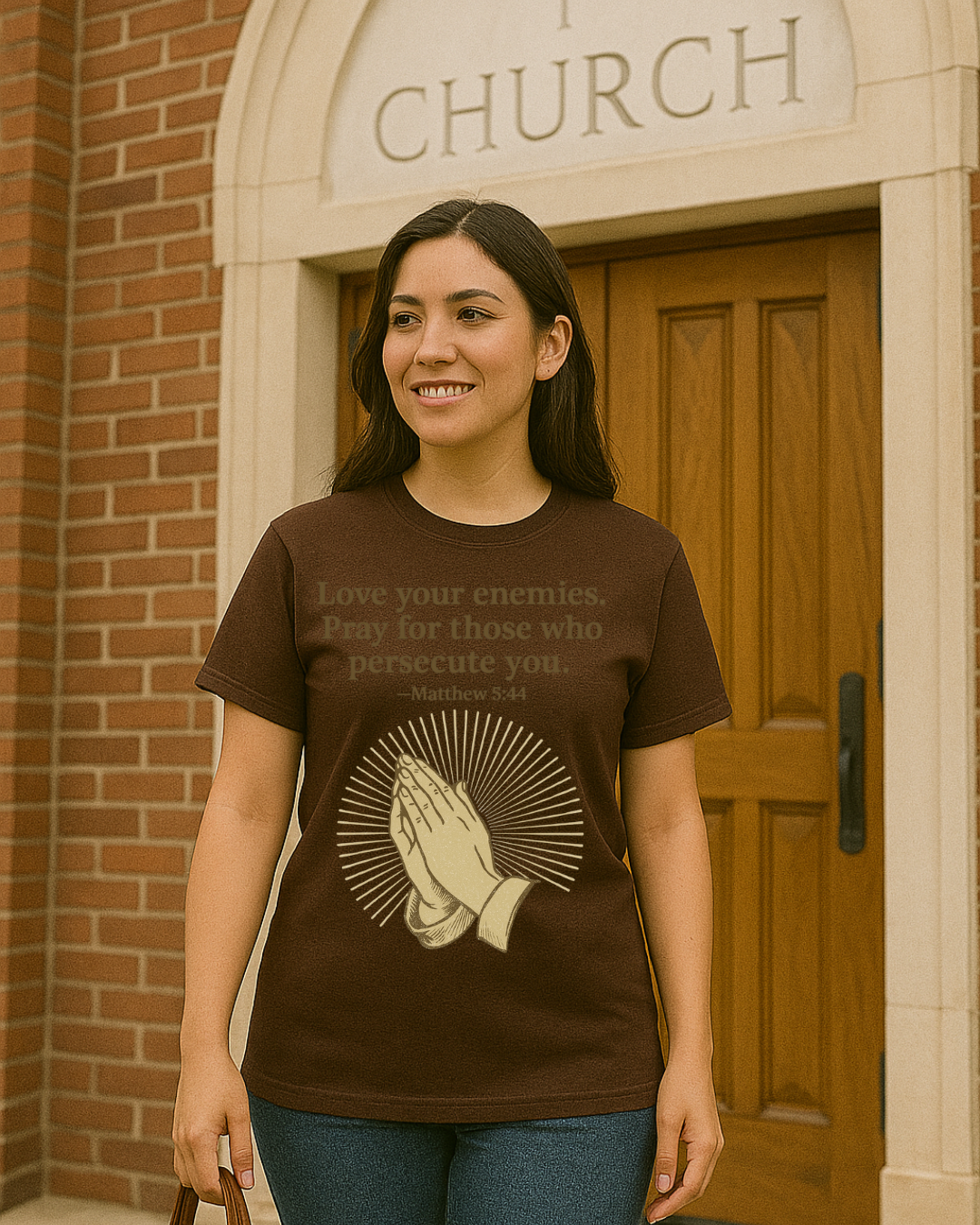 Love Your Enemies Matthew 5:44 Praying Hands Christian T-Shirt | Fruit of the Loom 3930R | 100% Cotton | Free Shipping