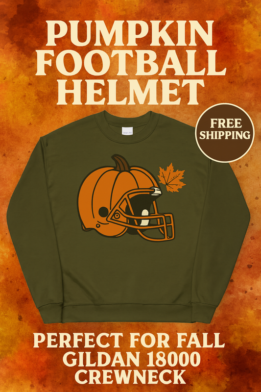 Pumpkin Football Helmet Crewneck – Fall Game Day (Gildan 18000) | Free Shipping