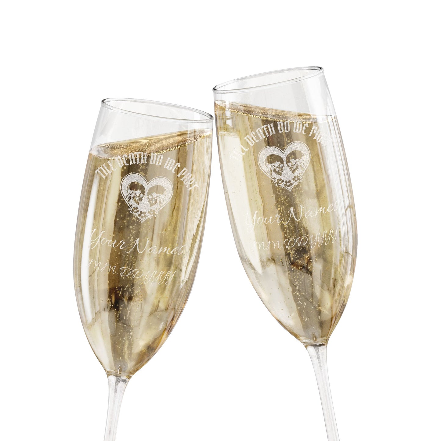 Personalized Gothic Champagne Glass | Till Death Do Us Part | Engraved Flute with Custom Names & Date