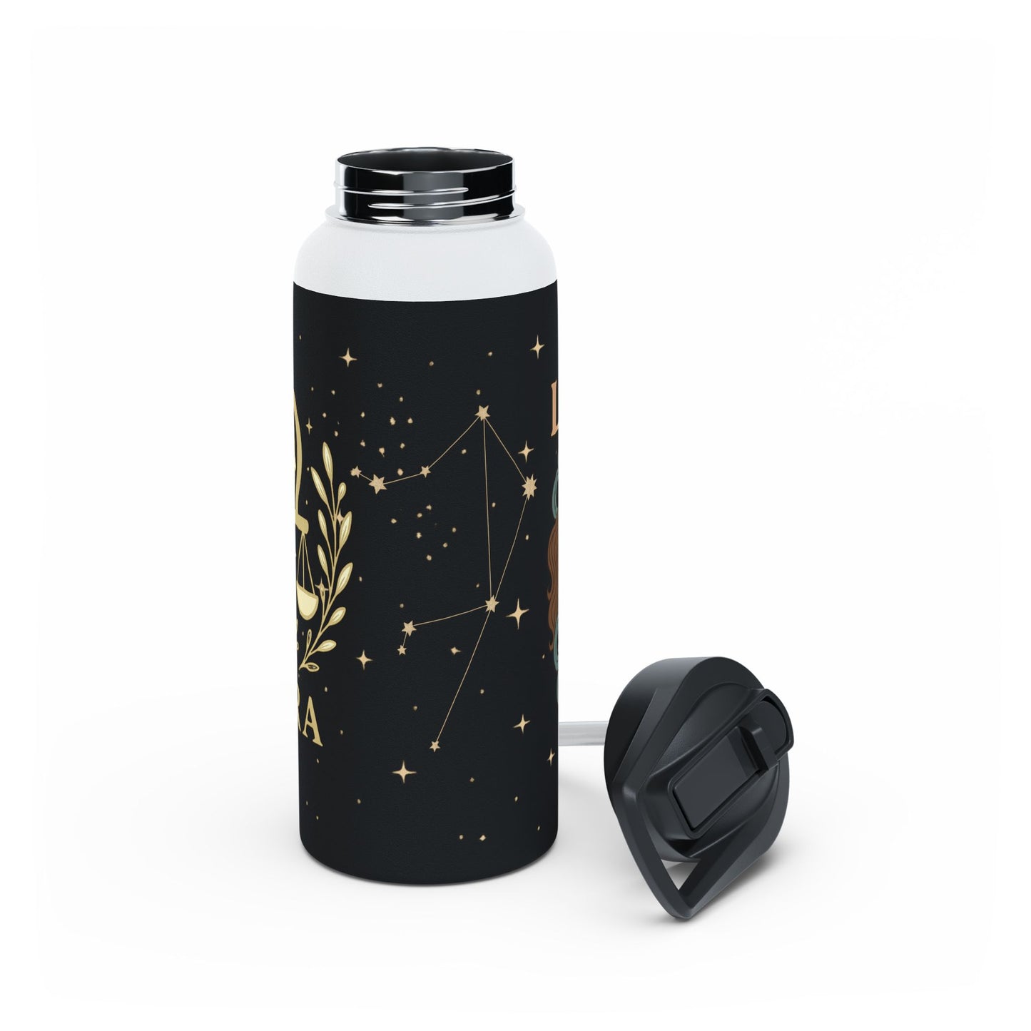 Libra Zodiac 32oz Insulated Water Bottle – Black & Gold Astrology Tumbler with Straw Lid