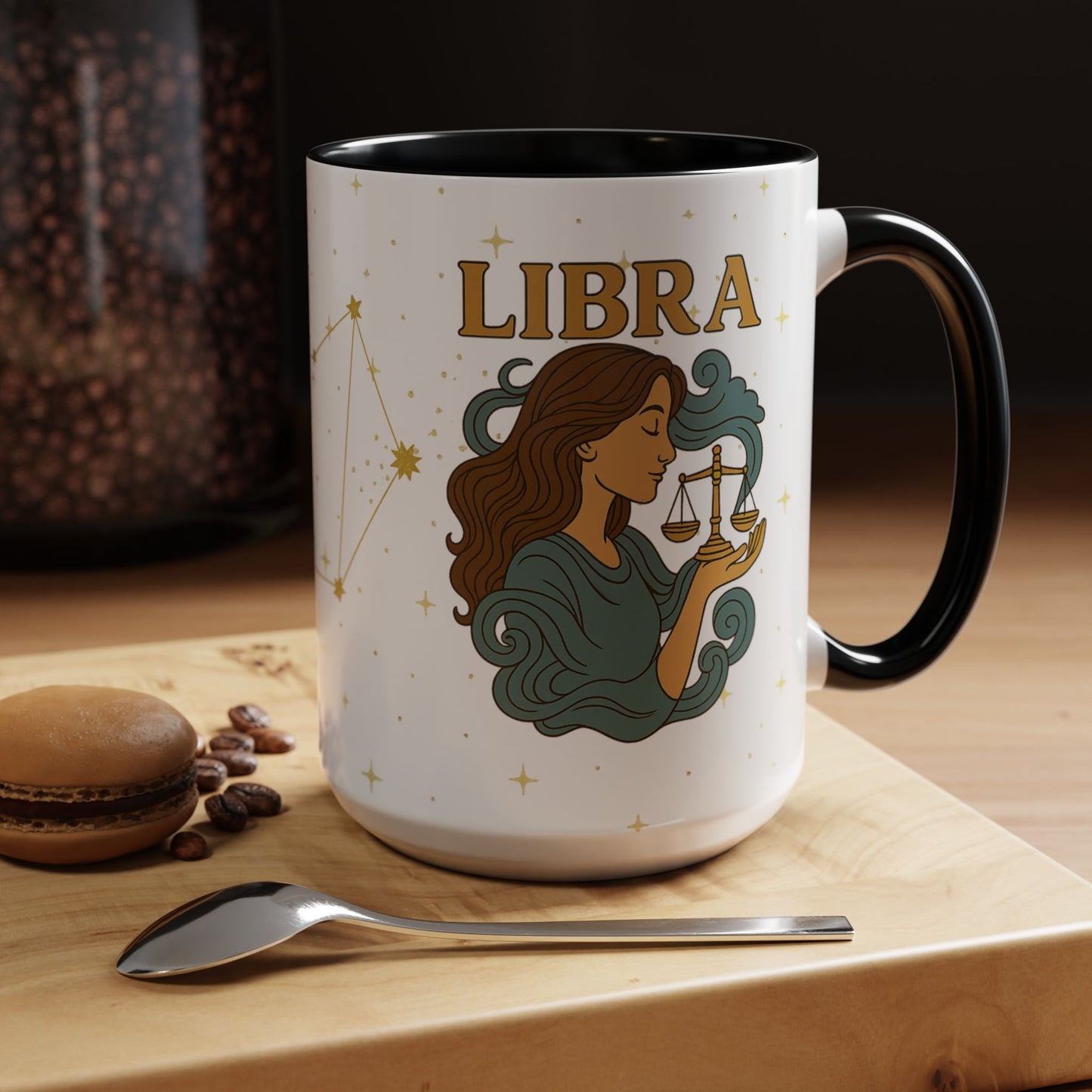 Libra Zodiac 15oz Ceramic Mug – Teal Handle Astrology Coffee Cup for Air Signs