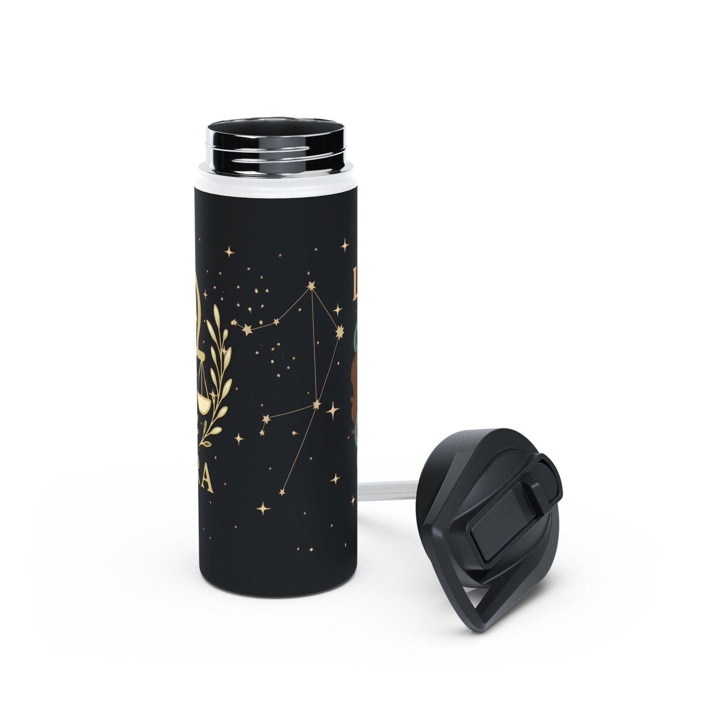 Libra Zodiac 32oz Insulated Water Bottle – Black & Gold Astrology Tumbler with Straw Lid