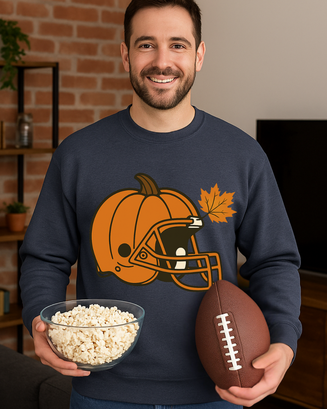 Pumpkin Football Helmet Crewneck – Fall Game Day (Gildan 18000) | Free Shipping