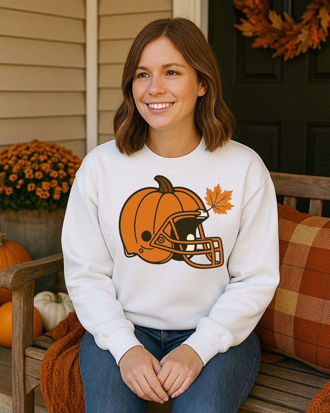 Pumpkin Football Helmet Crewneck – Fall Game Day (Gildan 18000) | Free Shipping