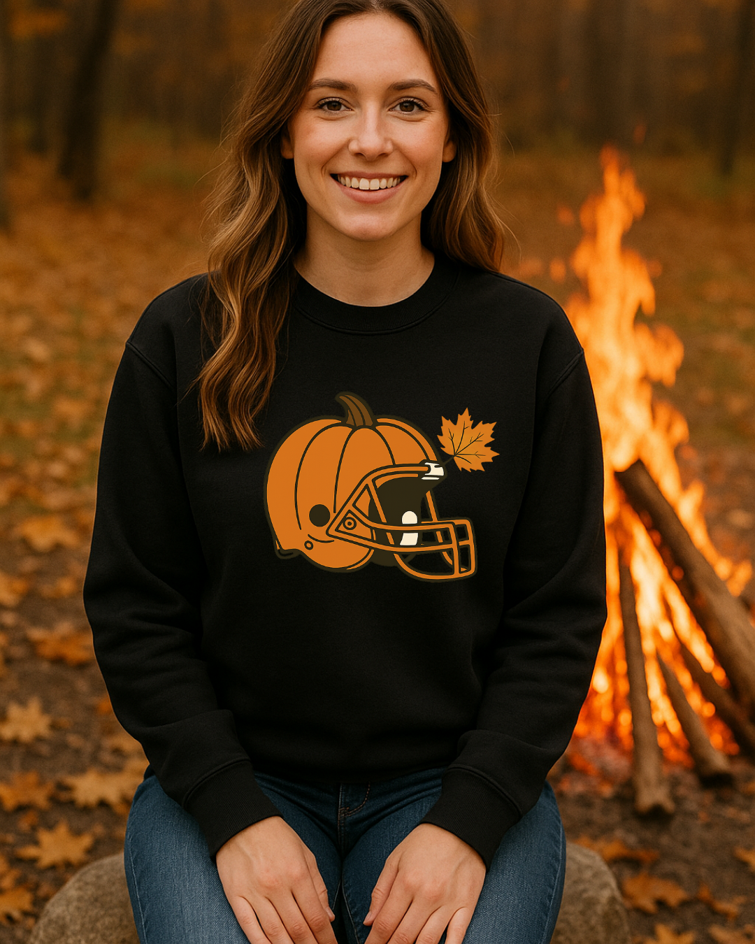 Pumpkin Football Helmet Crewneck – Fall Game Day (Gildan 18000) | Free Shipping