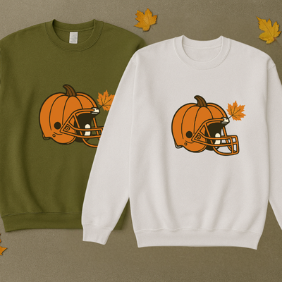 Pumpkin Football Helmet Crewneck – Fall Game Day (Gildan 18000) | Free Shipping