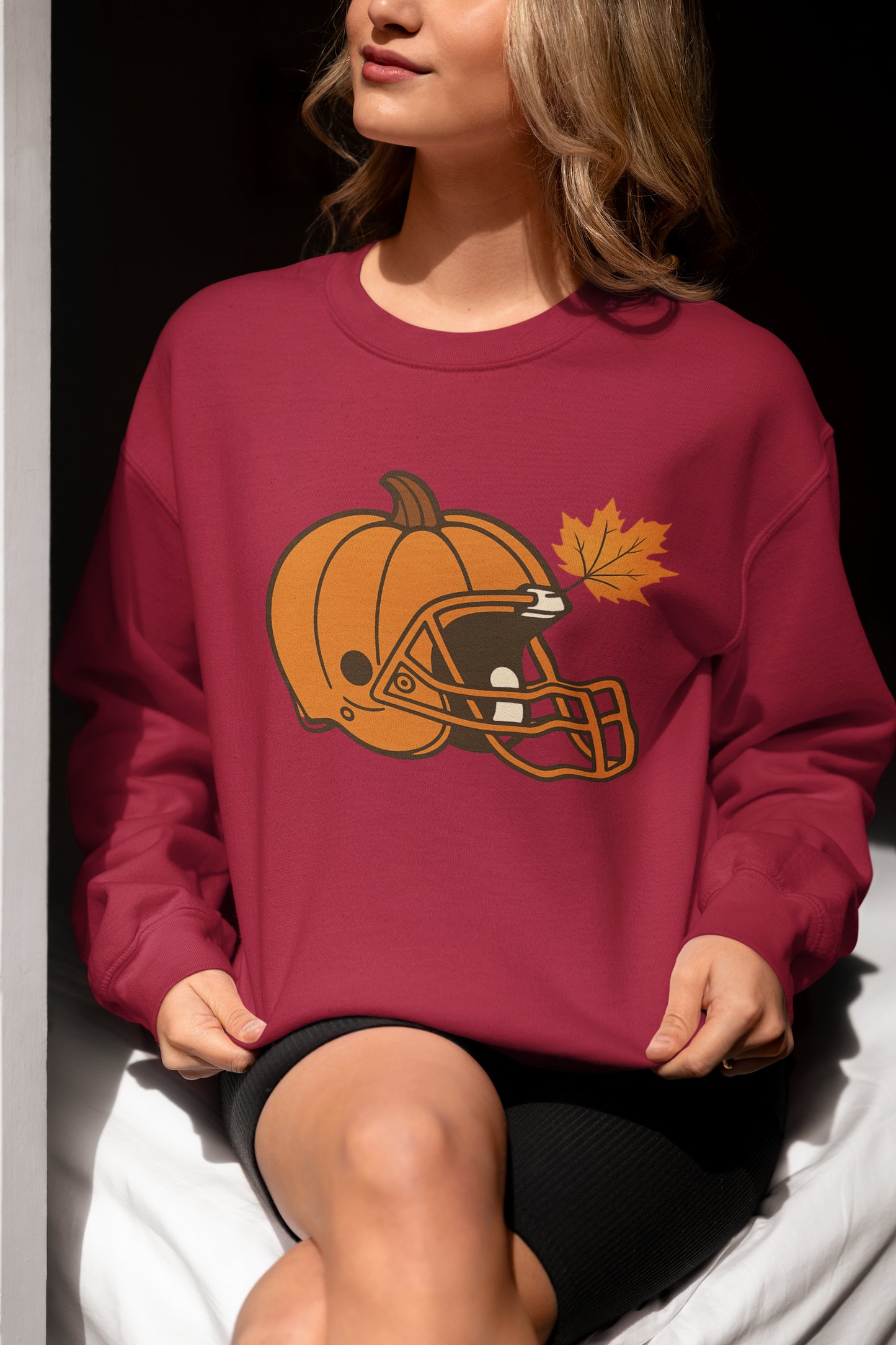 Pumpkin Football Helmet Crewneck – Fall Game Day (Gildan 18000) | Free Shipping