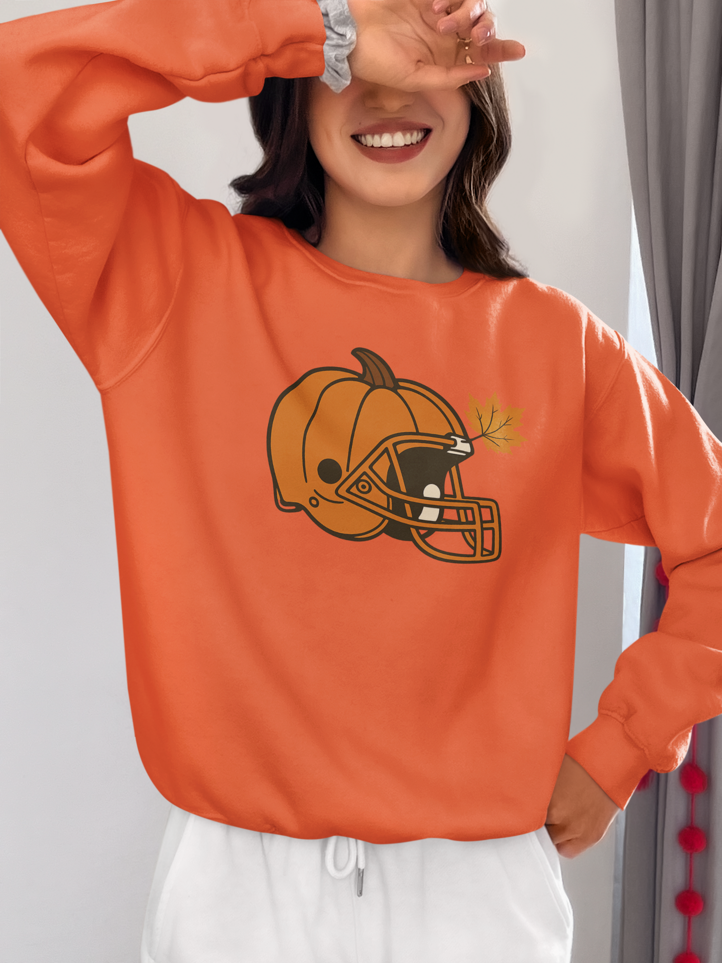 Pumpkin Football Helmet Crewneck – Fall Game Day (Gildan 18000) | Free Shipping