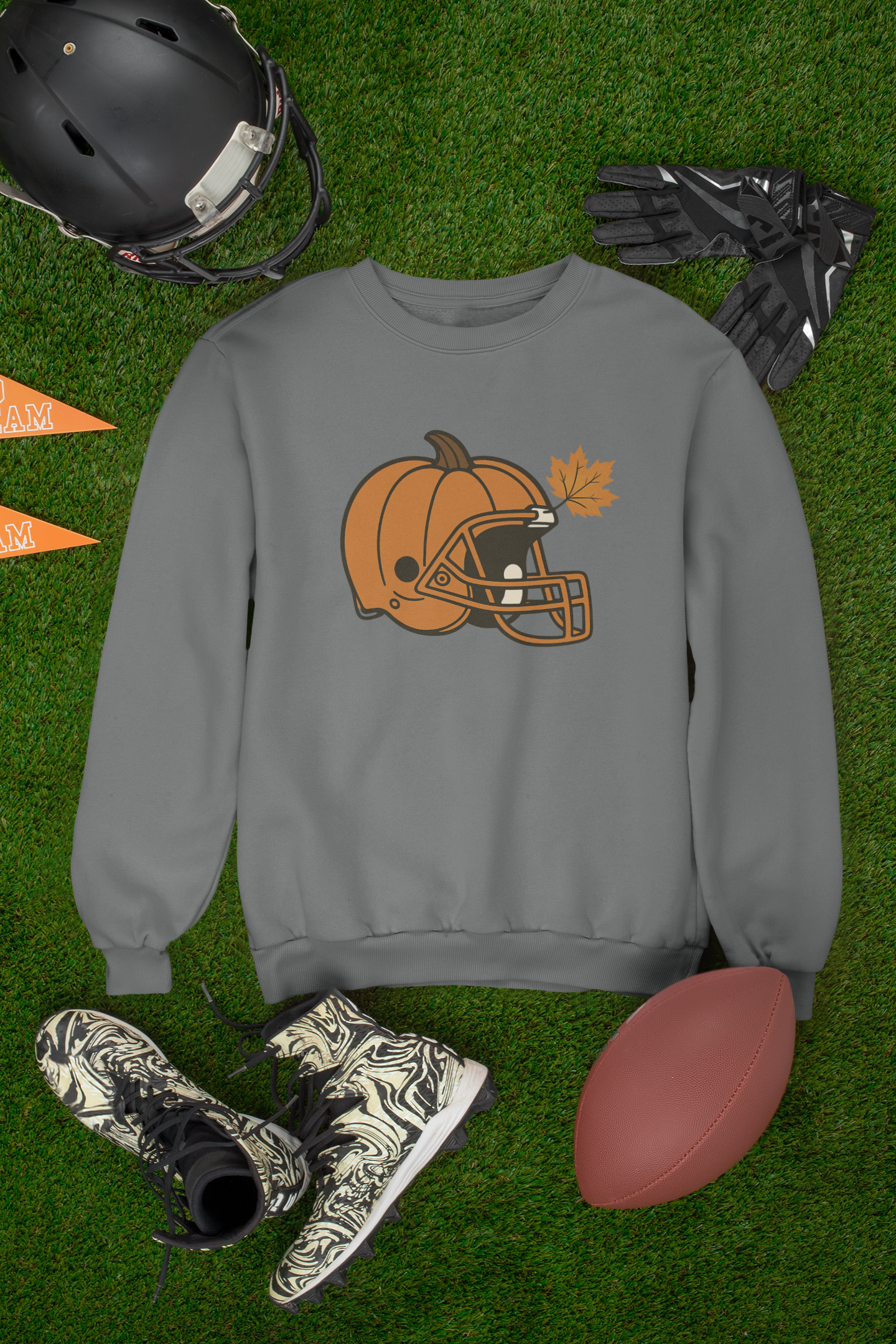 Pumpkin Football Helmet Crewneck – Fall Game Day (Gildan 18000) | Free Shipping