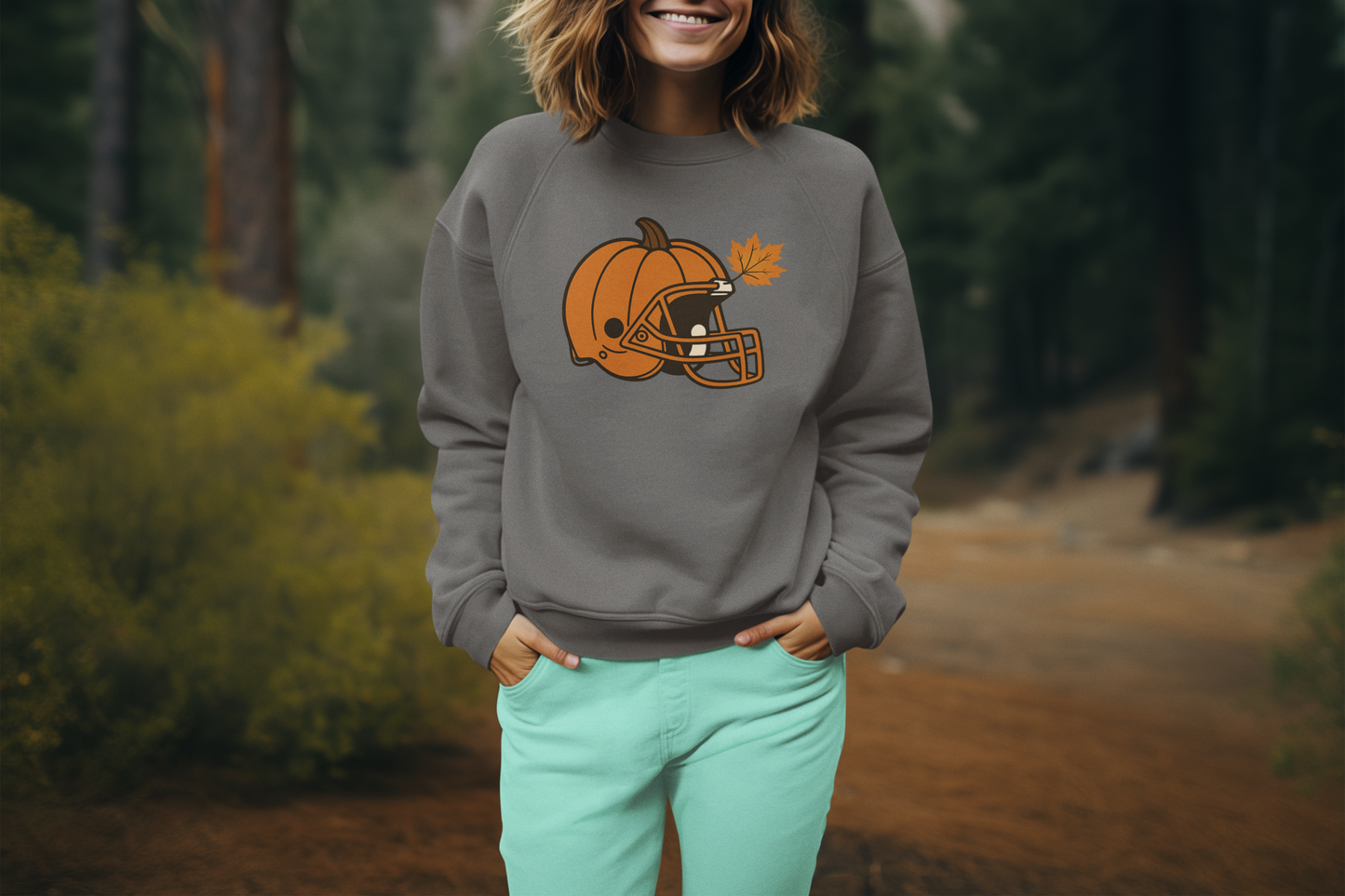 Pumpkin Football Helmet Crewneck – Fall Game Day (Gildan 18000) | Free Shipping