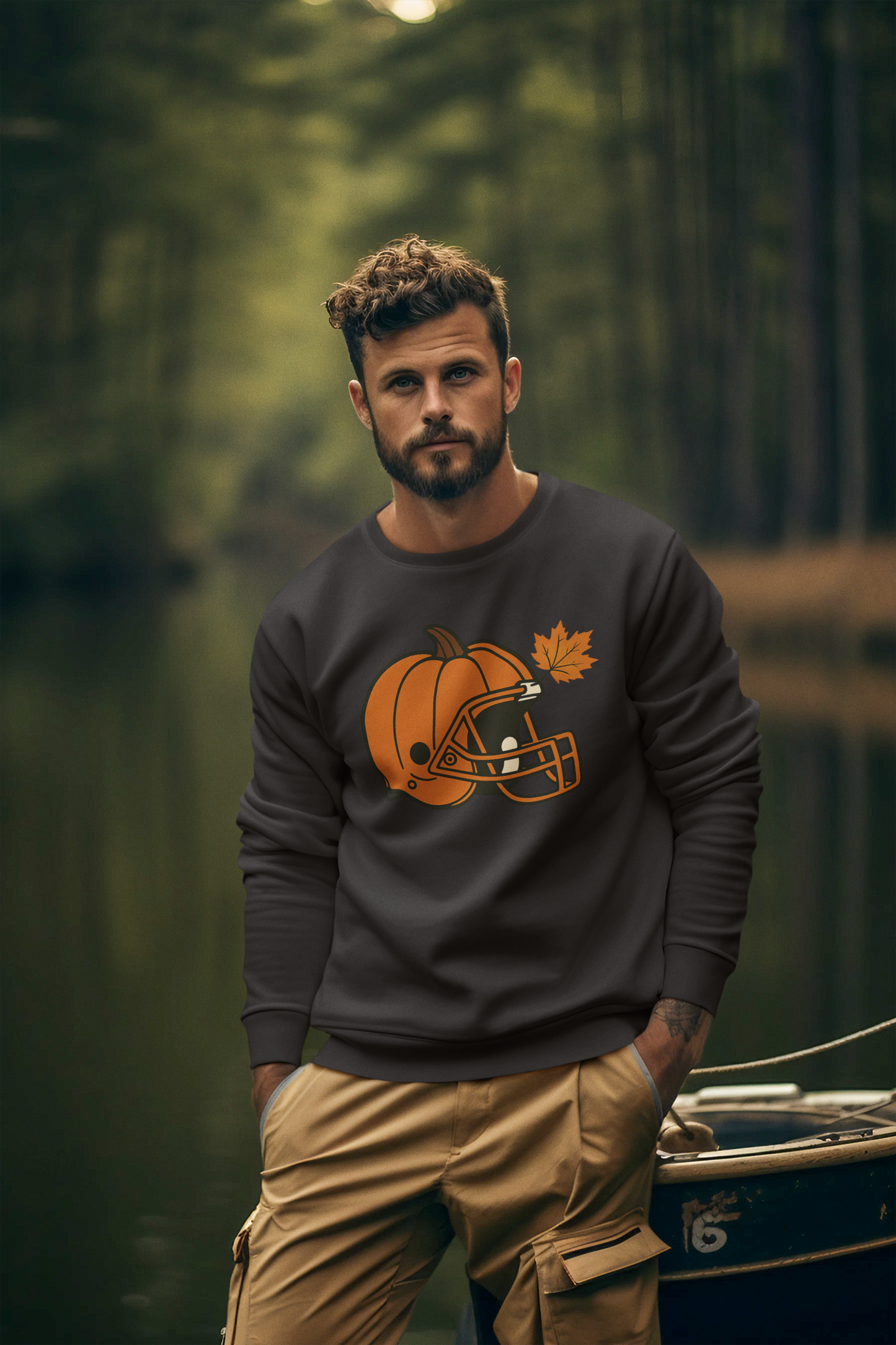 Pumpkin Football Helmet Crewneck – Fall Game Day (Gildan 18000) | Free Shipping