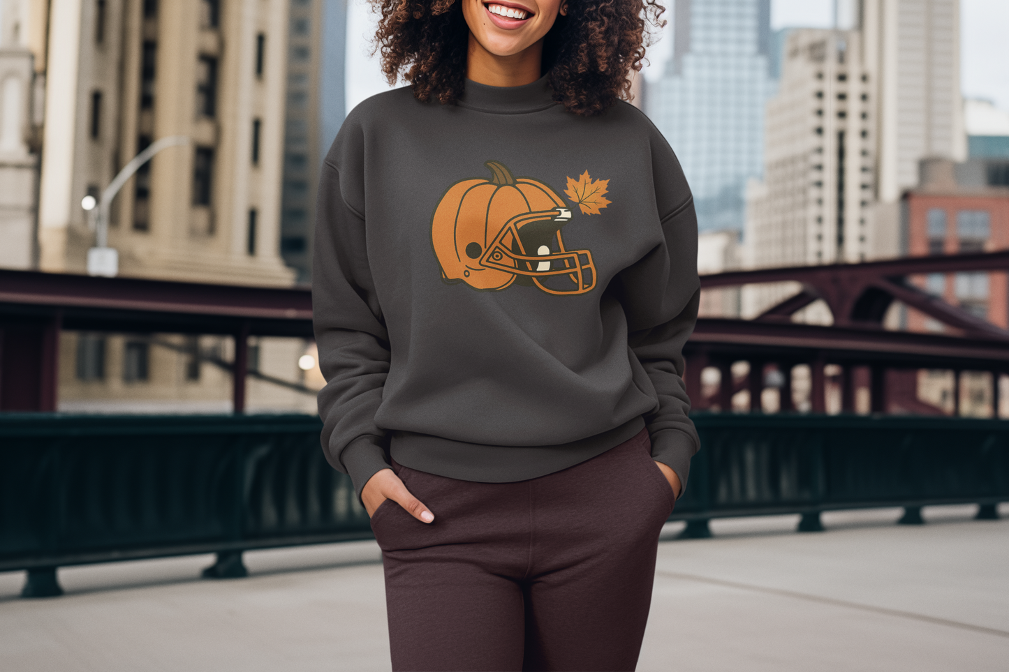 Pumpkin Football Helmet Crewneck – Fall Game Day (Gildan 18000) | Free Shipping