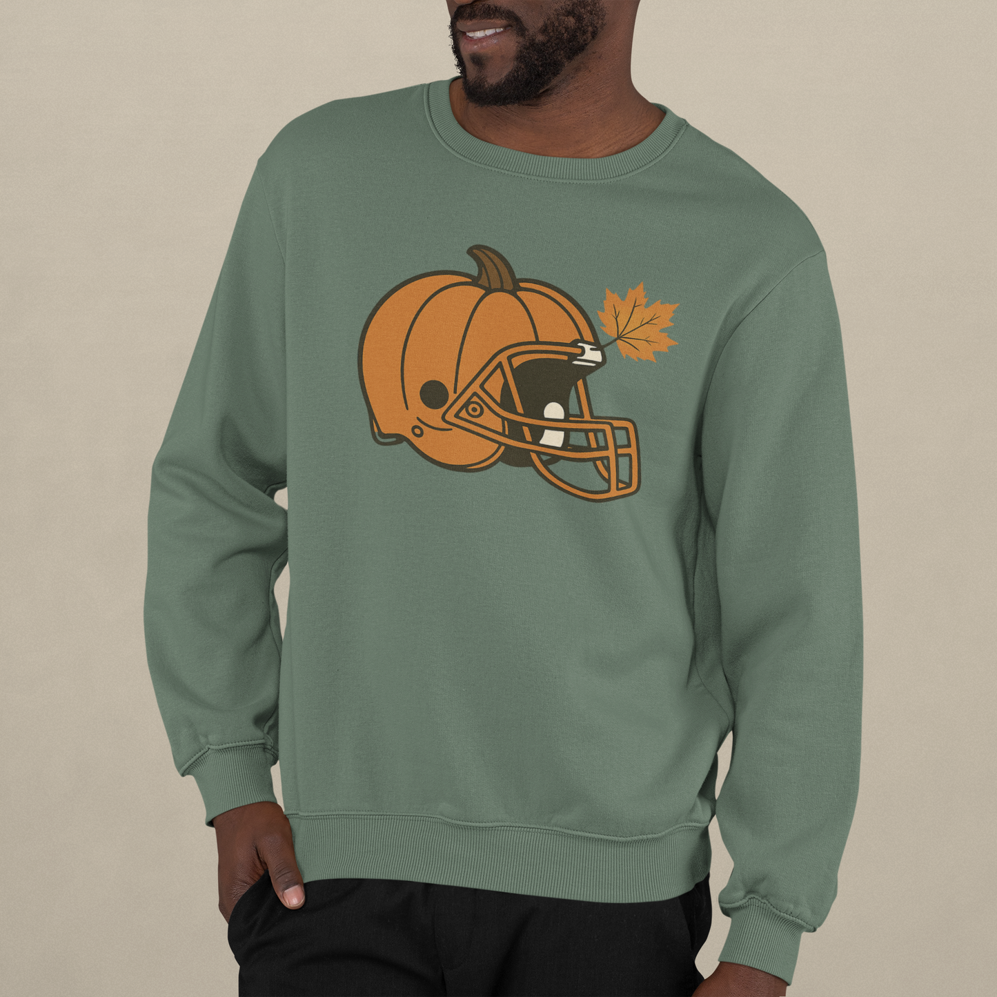 Pumpkin Football Helmet Crewneck – Fall Game Day (Gildan 18000) | Free Shipping