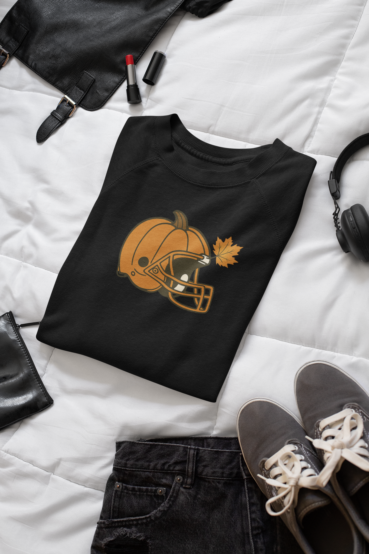 Pumpkin Football Helmet Crewneck – Fall Game Day (Gildan 18000) | Free Shipping