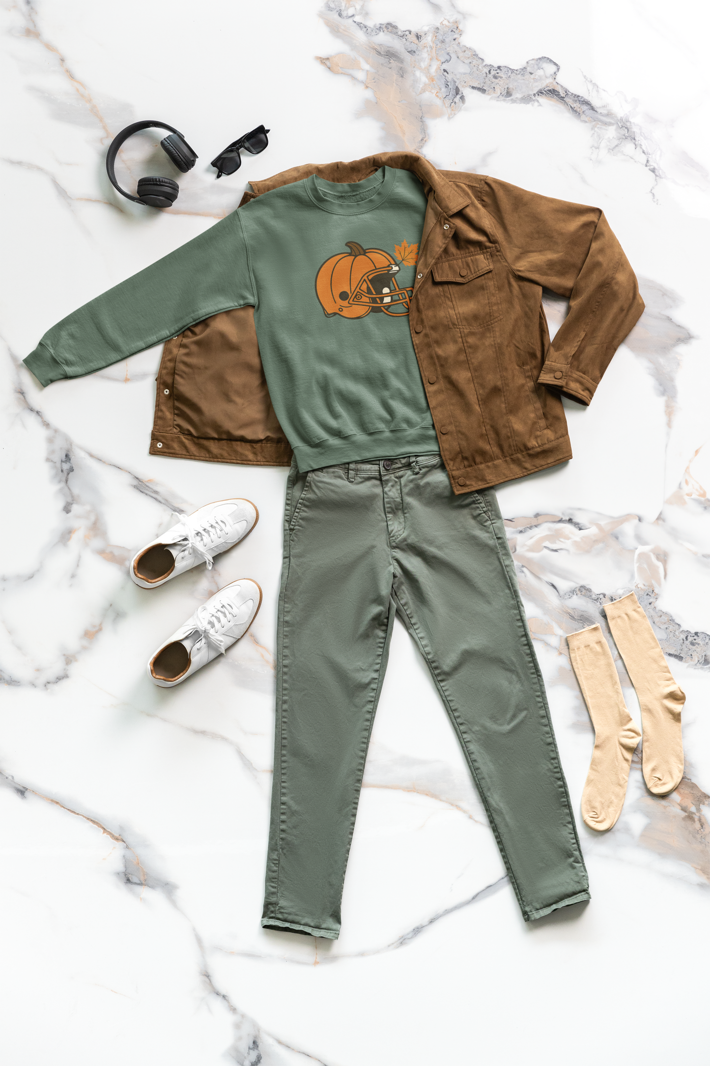 Pumpkin Football Helmet Crewneck – Fall Game Day (Gildan 18000) | Free Shipping
