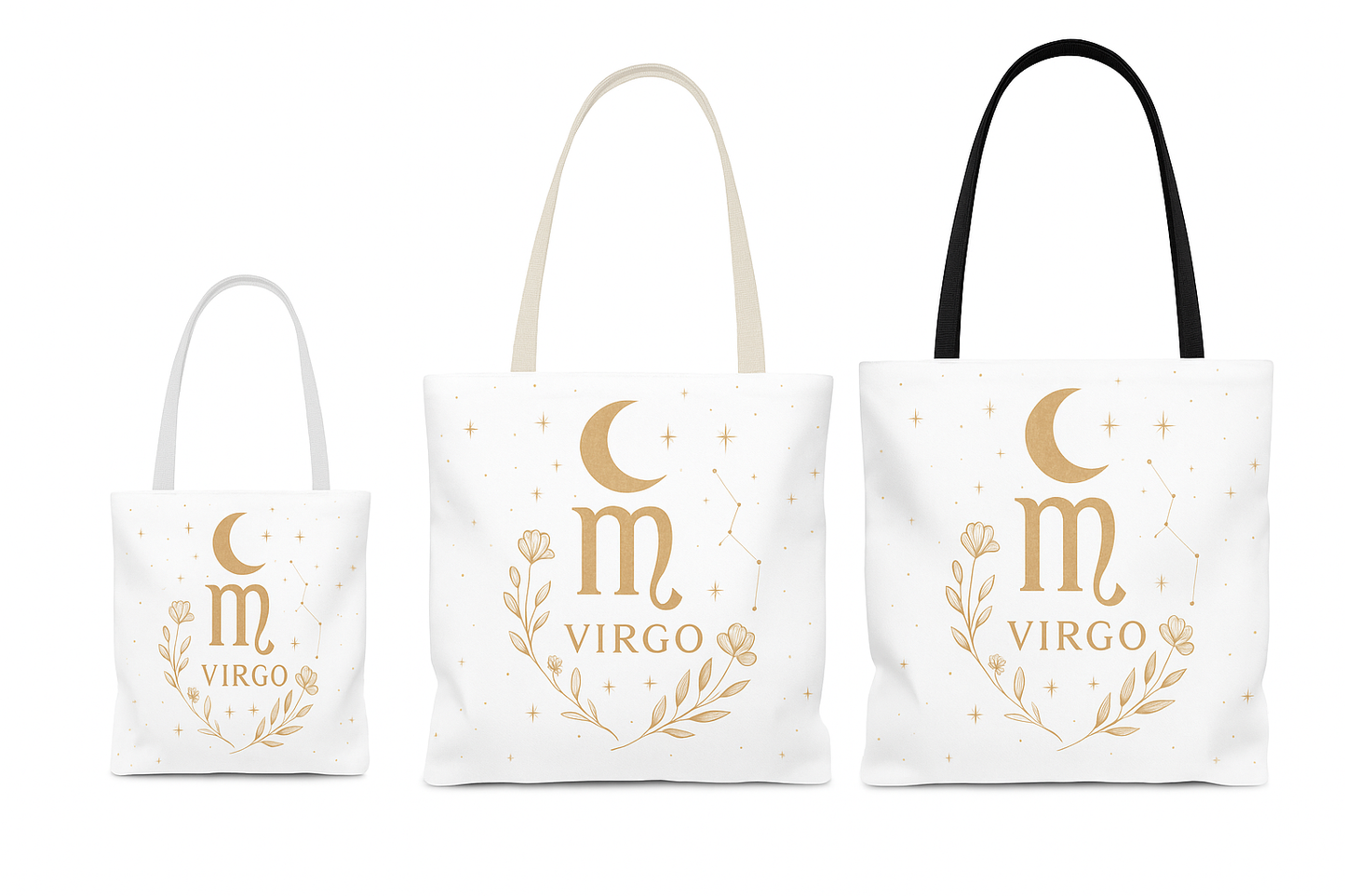 Virgo Tote Bag – Vintage Earth Goddess and Minimal Gold Moon Designs | 13x13, 16x16, 18x18 | Free Shipping