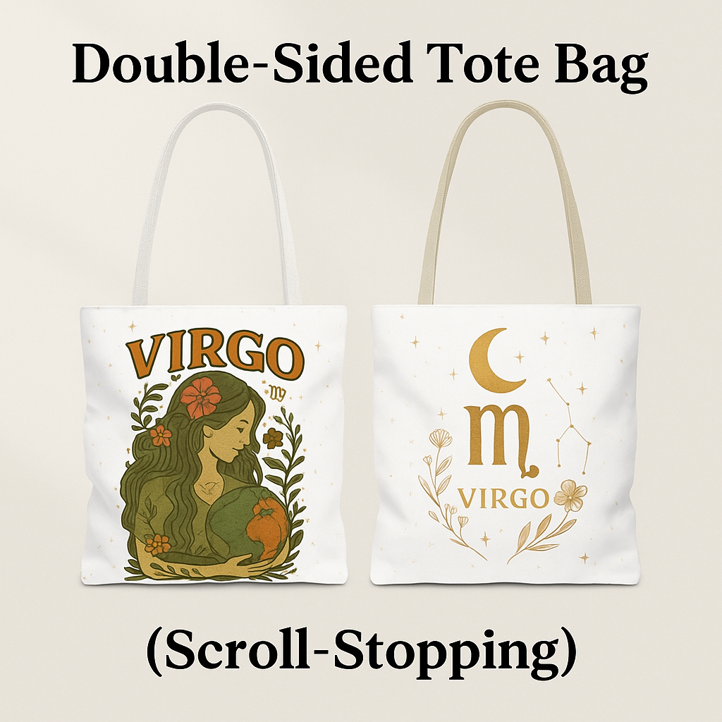 Virgo Tote Bag – Vintage Earth Goddess and Minimal Gold Moon Designs | 13x13, 16x16, 18x18 | Free Shipping