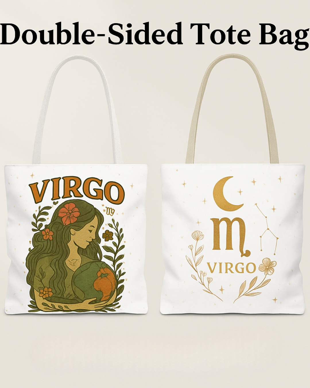 Virgo Tote Bag – Vintage Earth Goddess and Minimal Gold Moon Designs | 13x13, 16x16, 18x18 | Free Shipping