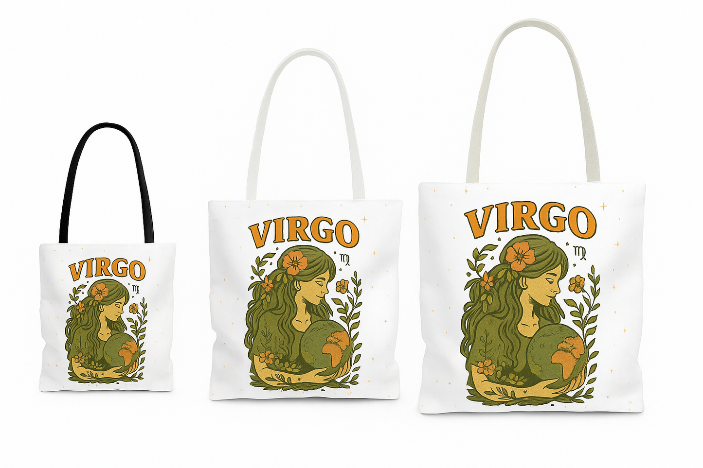 Virgo Tote Bag – Vintage Earth Goddess and Minimal Gold Moon Designs | 13x13, 16x16, 18x18 | Free Shipping