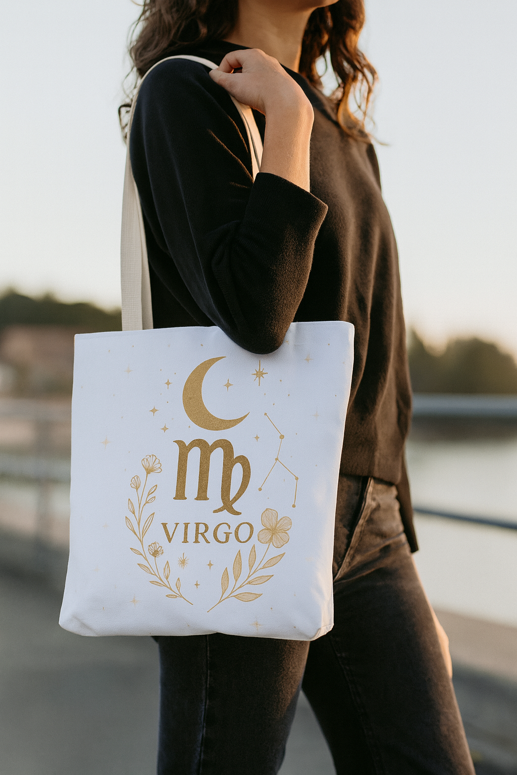 Virgo Tote Bag – Vintage Earth Goddess and Minimal Gold Moon Designs | 13x13, 16x16, 18x18 | Free Shipping
