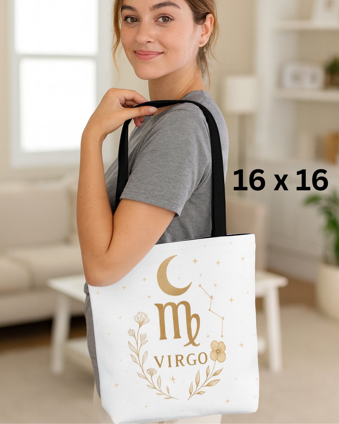 Virgo Tote Bag – Vintage Earth Goddess and Minimal Gold Moon Designs | 13x13, 16x16, 18x18 | Free Shipping