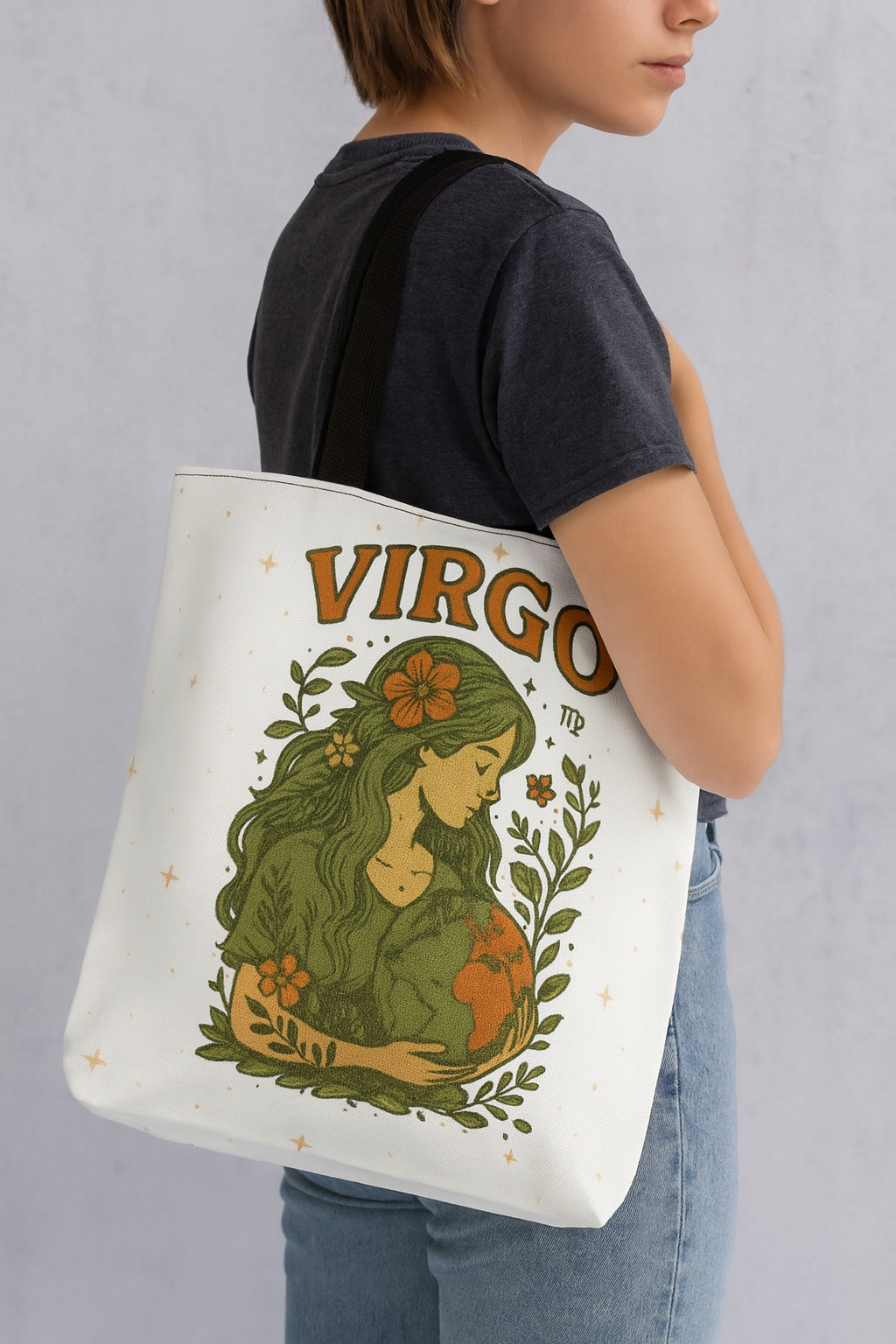 Virgo Tote Bag – Vintage Earth Goddess and Minimal Gold Moon Designs | 13x13, 16x16, 18x18 | Free Shipping