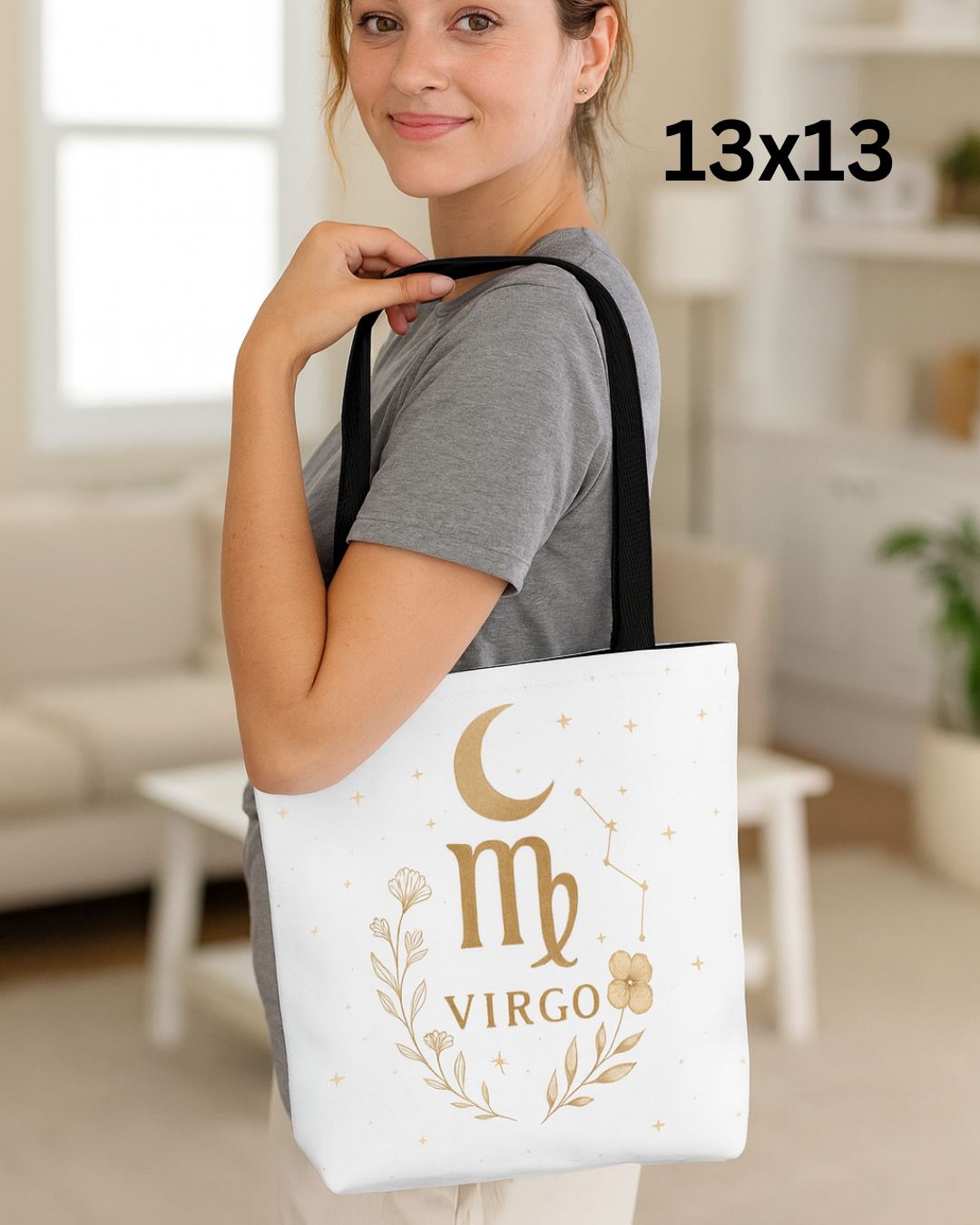 Virgo Tote Bag – Vintage Earth Goddess and Minimal Gold Moon Designs | 13x13, 16x16, 18x18 | Free Shipping