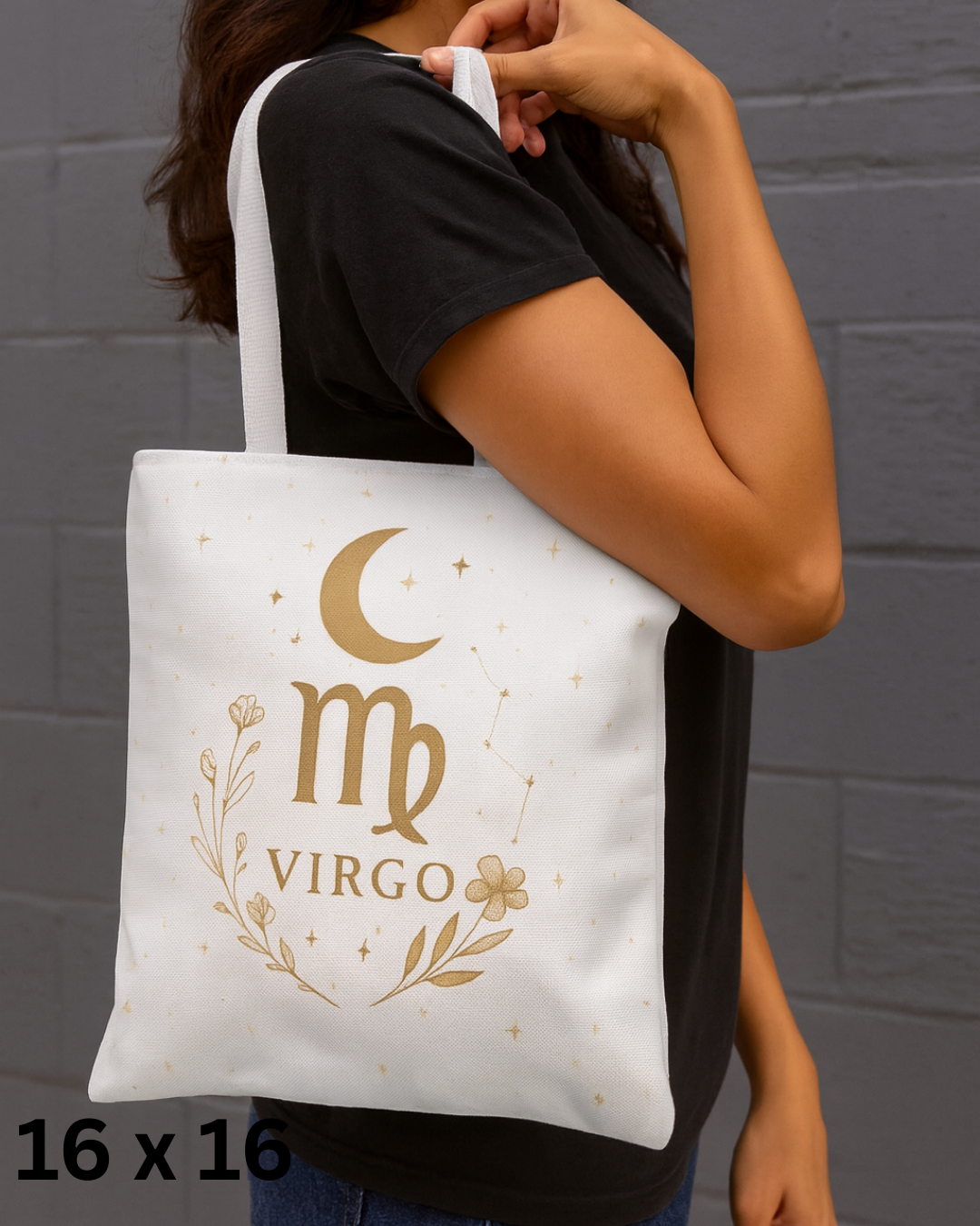 Virgo Tote Bag – Vintage Earth Goddess and Minimal Gold Moon Designs | 13x13, 16x16, 18x18 | Free Shipping