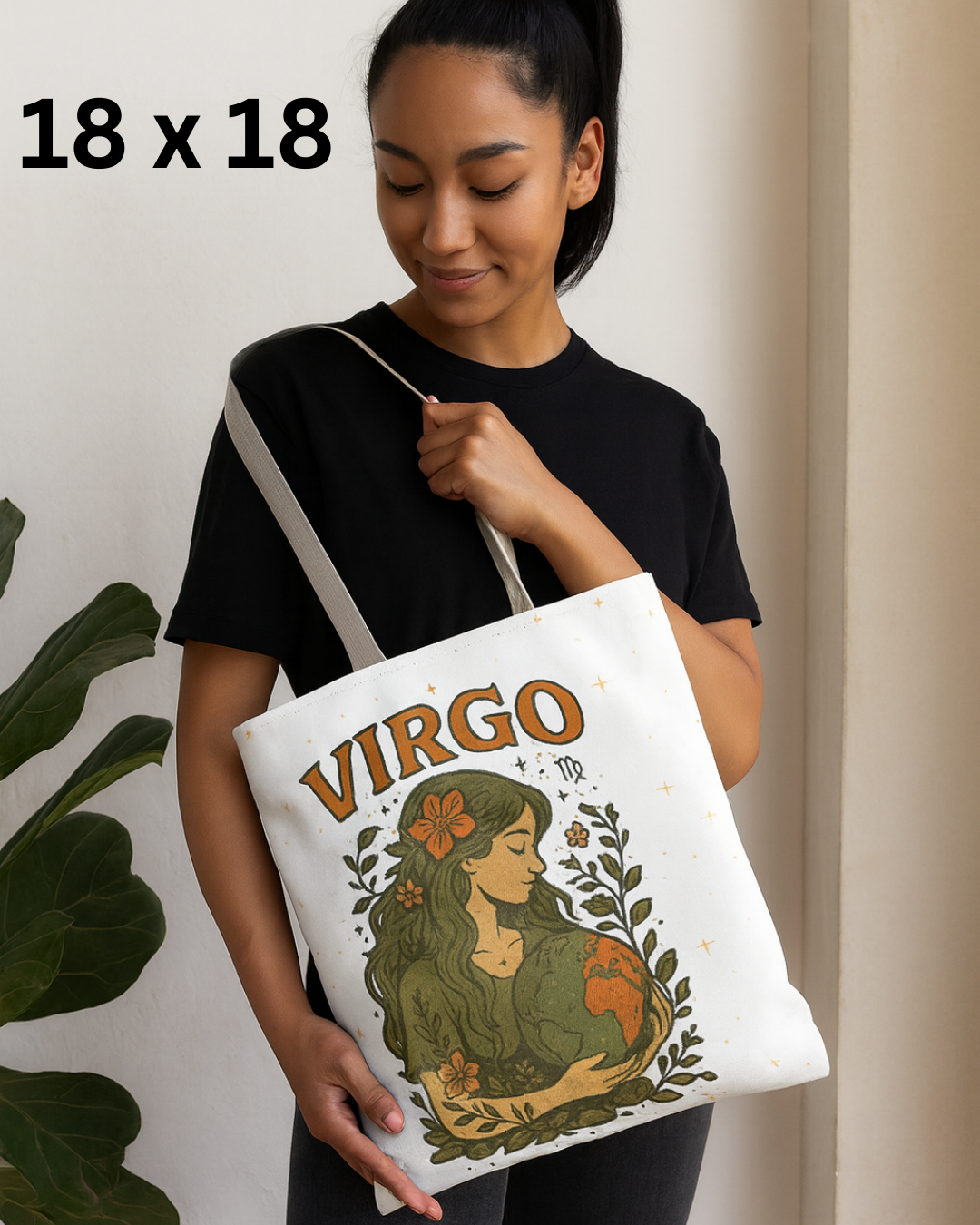 Virgo Tote Bag – Vintage Earth Goddess and Minimal Gold Moon Designs | 13x13, 16x16, 18x18 | Free Shipping
