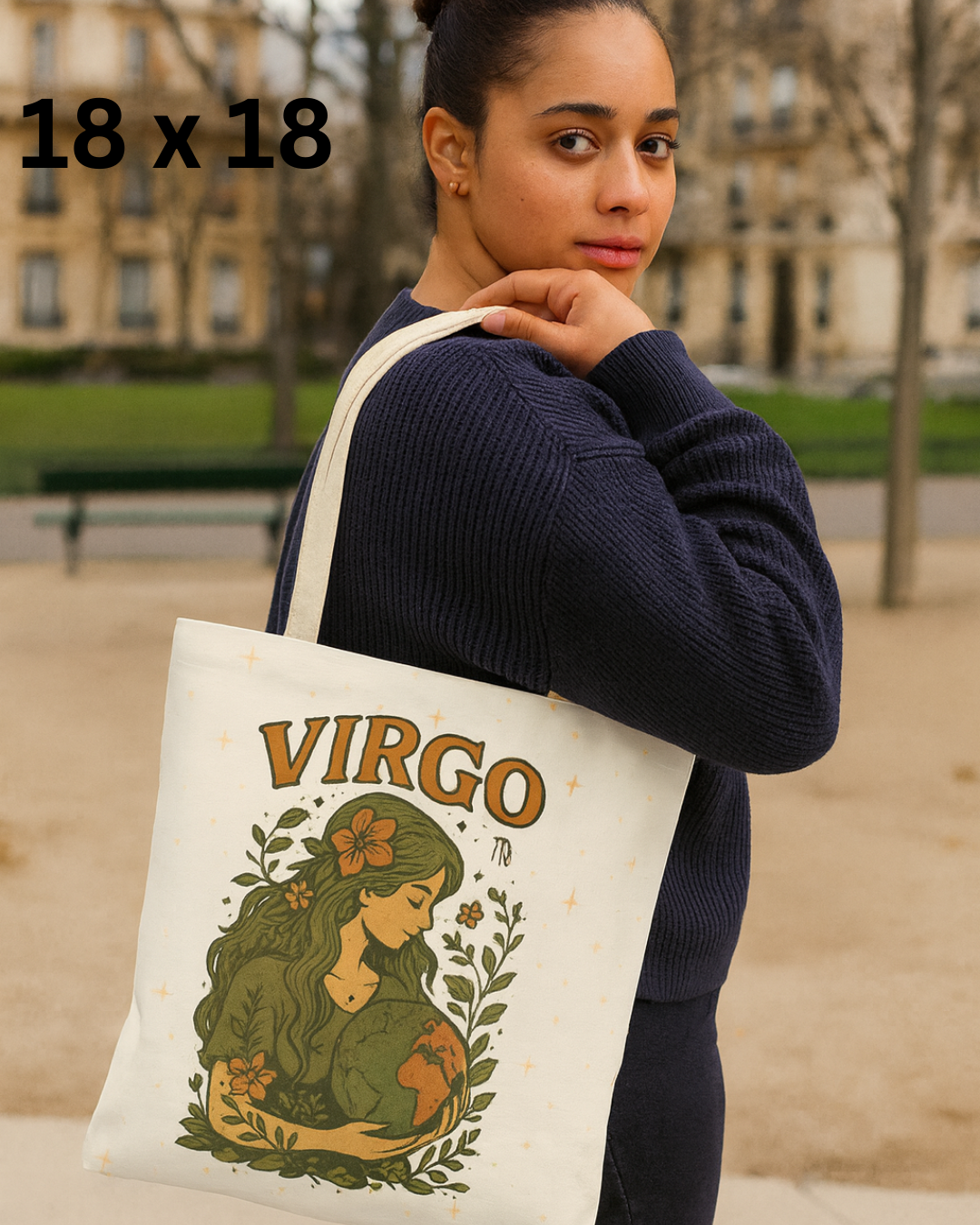 Virgo Tote Bag – Vintage Earth Goddess and Minimal Gold Moon Designs | 13x13, 16x16, 18x18 | Free Shipping