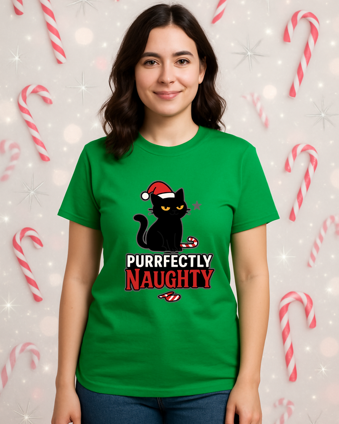 Purrfectly Naughty Black Cat Christmas Shirt – Charcoal Gildan 64000 Unisex Tee