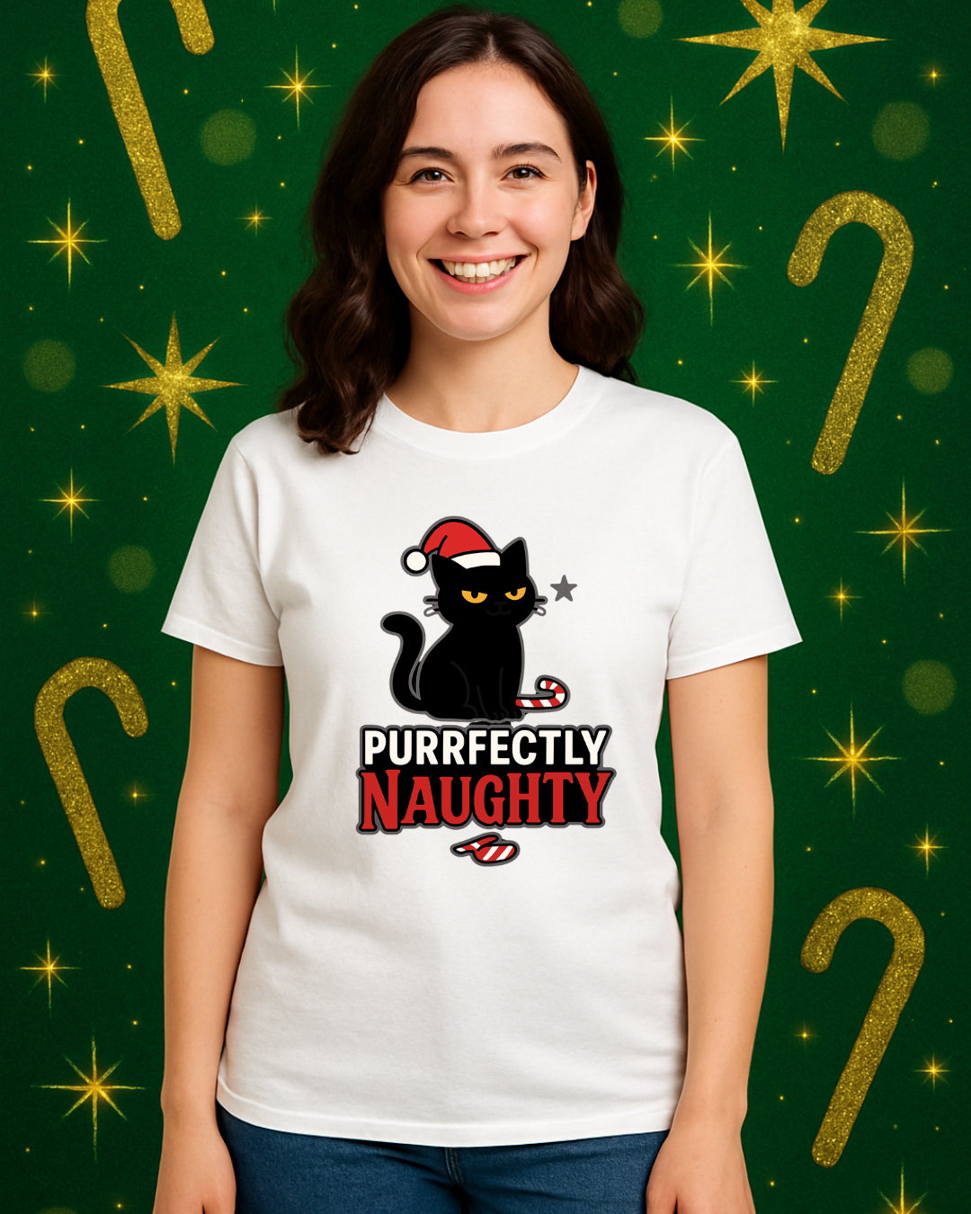 Purrfectly Naughty Black Cat Christmas Shirt – Charcoal Gildan 64000 Unisex Tee