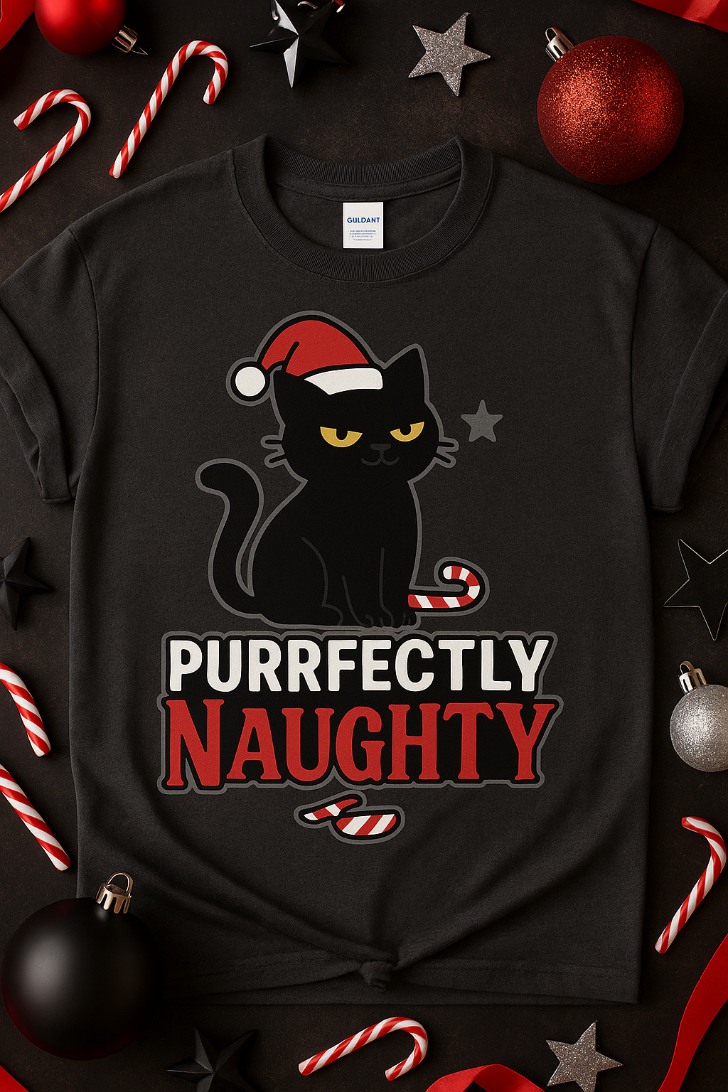 Purrfectly Naughty Black Cat Christmas Shirt – Charcoal Gildan 64000 Unisex Tee