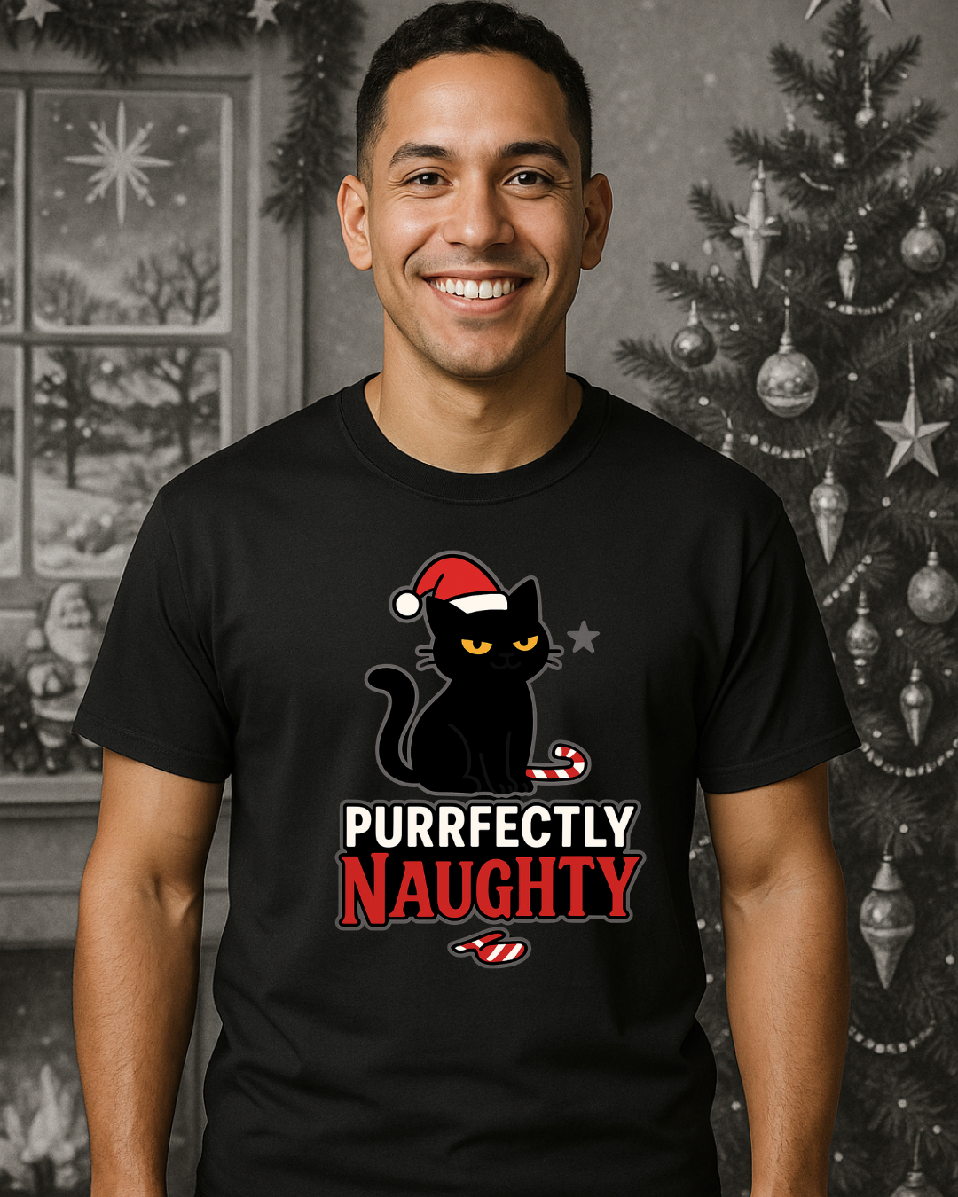 Purrfectly Naughty Black Cat Christmas Shirt – Charcoal Gildan 64000 Unisex Tee