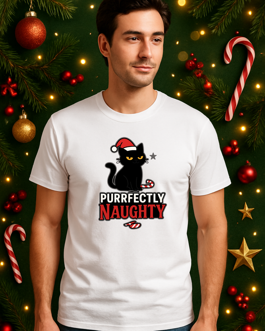Purrfectly Naughty Black Cat Christmas Shirt – Charcoal Gildan 64000 Unisex Tee