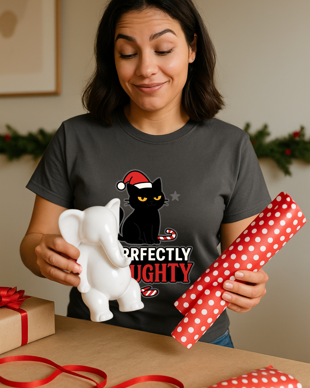 Purrfectly Naughty Black Cat Christmas Shirt – Charcoal Gildan 64000 Unisex Tee
