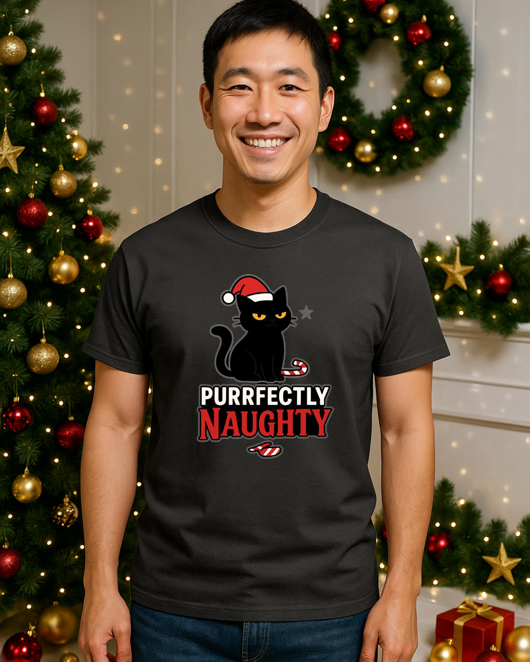 Purrfectly Naughty Black Cat Christmas Shirt – Charcoal Gildan 64000 Unisex Tee